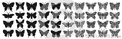 Design black isolated butterfly silhouette set. Graphic insect cutting Cartoon Illustration