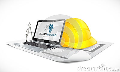 Design and build house construction concept - architect computer tools Vector Illustration