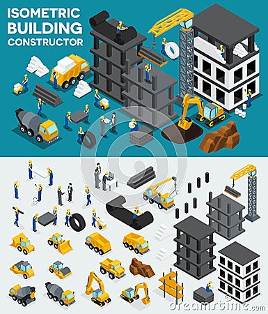 Design building isometric view, create your own design, building construction, excavation, heavy equipment, trucks, construction Cartoon Illustration