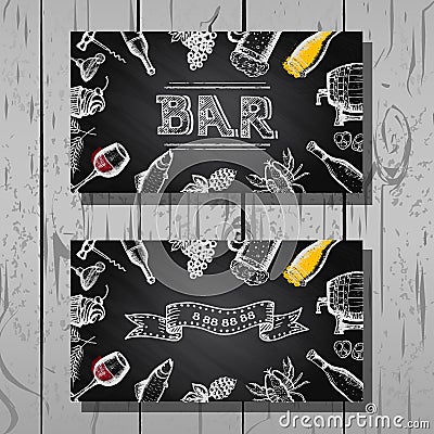 Design business card of bar and restaurant, beer and wine set Vector Illustration