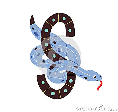 Design of capital letter S of childish English alphabet with cute snake. Kids Latin font for ABC learning for children Vector Illustration