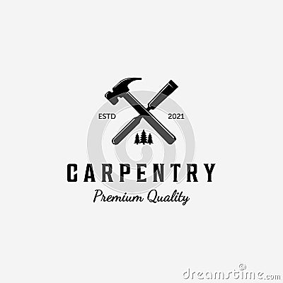 Design of Carpentry Logo Vector, Handcraft Concept with Hammer and Chisel, Vintage Illustration of Wood working Vector Illustration