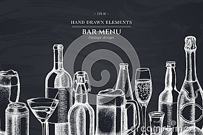 Design with chalk glass, champagne, mug of beer, alcohol shot, bottles of beer, bottle of wine, glass of champagne Vector Illustration