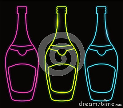 Design with champagne bottles like neon sign board, Vector illustration Vector Illustration