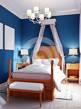 Design of a children`s bedroom, four-poster bed, nightstands with table lamps. Blue, orange, white color of the interior Stock Photo