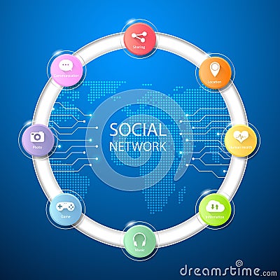 Design circle internet of thing with world map, internet line and connected points Vector Illustration
