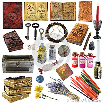 Design clip art set with magic book of spells, candles, lavender flower, crystal, old keys and witch objects isolated on white Stock Photo