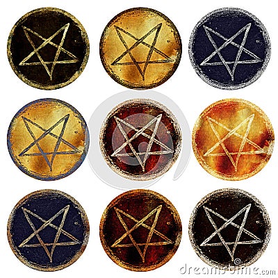 Design clip art set with magic book of spells, candles, pentagram and witch objects isolated on white background Stock Photo