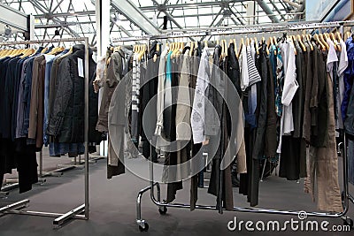 Design clothes hang at demonstration stand Stock Photo