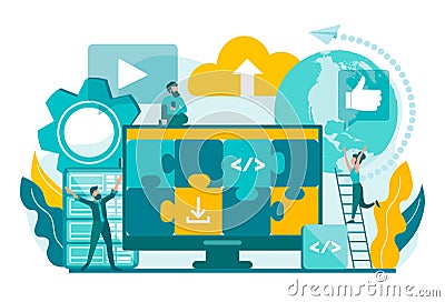 Design, code, marketing and programming of sites. Business and programming education Vector Illustration
