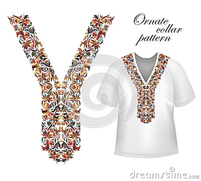 Design for collar shirts, shirts, blouses, T-shirt. Black and golden colors ethnic flowers neck. Paisley decorative Vector Illustration