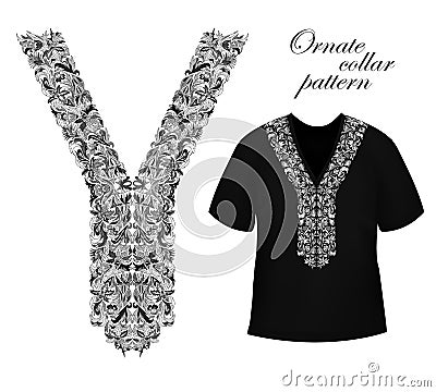 Design for collar shirts, shirts, blouses, T-shirt. Black and golden colors ethnic flowers neck. Paisley decorative Vector Illustration