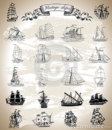 Design collection with vintage ships, sailboats and vessels Vector Illustration