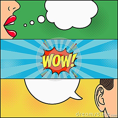 Design of comic book page. Dialog of girl and guy with speech bubble with emotions - WOW. Woman lips and mans ear. Vector. Vector Illustration