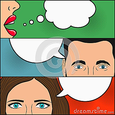 Design of comic book page. Dialogue of two girls and man with blank speech bubbles for text. Woman`s lips, female and male face. Vector Illustration