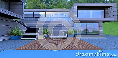 Design of a compact recreation area in the courtyard of a futuristic country cottage. Wooden deck next to the pool. Comfortable Cartoon Illustration