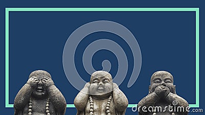 Design concept of a banner or a print for advertisement campaign. 3 Buddha statues heads in a pose of 3 wise mokeys: see no evil, Stock Photo