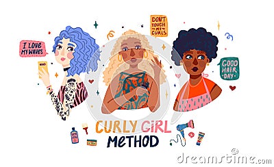 Design concept for curly girl method. Portraits of cartoon girls with different types of curly hair. Kinky, coil, waves Vector Illustration