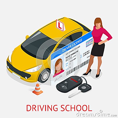 Design concept driving school or learning to drive. Flat isometric illustration Vector Illustration