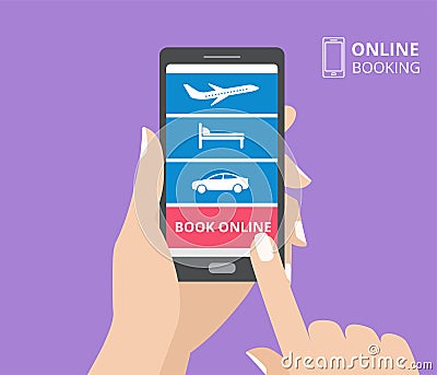 Hand holding smartphone with icons of hotel, flight, car and book online button on screen. Vector Illustration