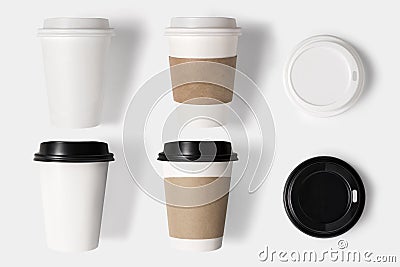 Design concept of mockup coffee cup set and lid set on white background. Copy space for text and logo Stock Photo