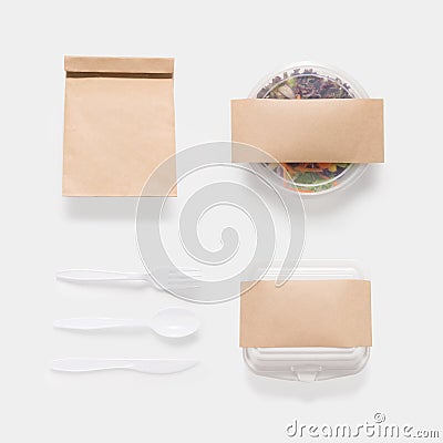 Design concept of mockup salad, bag and container box set isolated on white background. Copy space for text and logo. Clipping Pa Stock Photo
