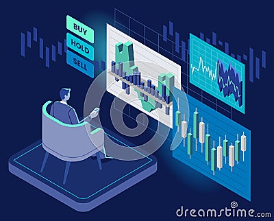 Design concept of stock exchange and trader in action. Financial market business with graph chart analysis. Isometric Vector Illustration