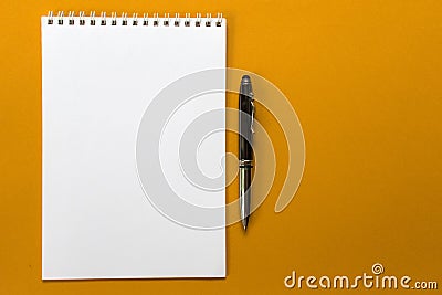 Design concept - Top view of a spiral school notebook and pens collection on a dark blue background Stock Photo