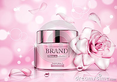 Design cosmetics product advertising with rose for catalog, magazine. Vector design of cosmetic package. Stock Photo