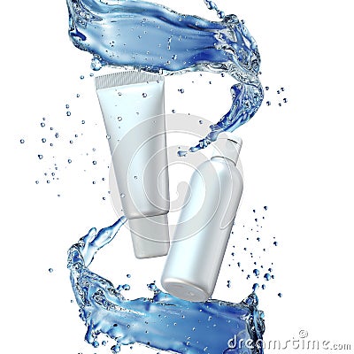 Design cosmetics product advertising in water splash on blue background. Cartoon Illustration