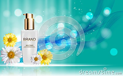 Design Cosmetics Skin Toner Product Bottle with Flowers Chamomil Vector Illustration