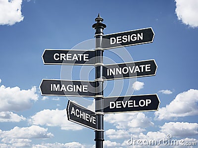 Design, create, innovate, imagine, develop and achieve direction Stock Photo