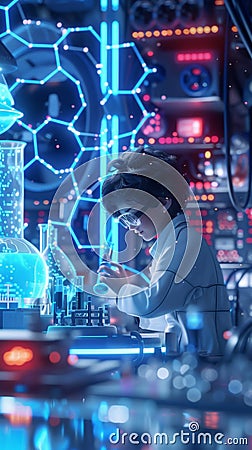 Design a 3D animated scene of a child scientist deeply engaged in experimentation surrounded by interactive floating digital HUD Stock Photo