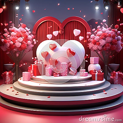 design a 3d render of a valentines day product display featuring love themed merchandise on the sta Stock Photo