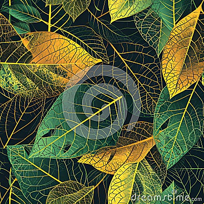 interconnected network of veins in leaves. Utilize fine linework and a mix of greens and yellows. AI Generated Stock Photo