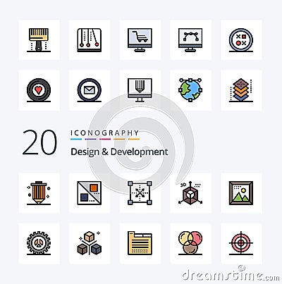 20 Design Development Line Filled Color icon Pack like programing development coding design shape Vector Illustration