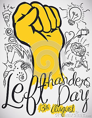 Design with Doodles around a Fist to Celebrate Left-handers Day, Vector Illustration Vector Illustration