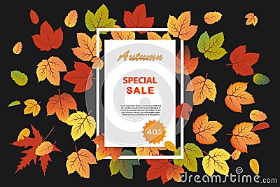 Autumn Sale banner in white frame, using black background with fall leaves. Vector Illustration