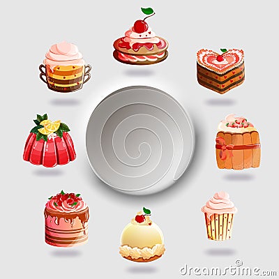 Design elements with color drawings. Banner. Large button. Choice of 8 elements. Confectionery design. Beautiful cakes, pastries. Stock Photo