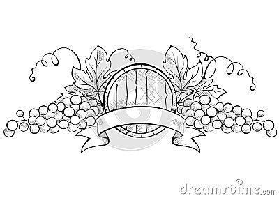 Design elements -- grape with ribbon and wine cask Vector Illustration