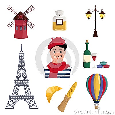 Design elements Travel to France. Set of illustrations Paris tourist attractions. Vector Illustration