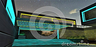 Design of the entrance to the night club. Turquoise illuminated porch. Yellow glowing lines on the aluminium wall. Amazing starry Stock Photo