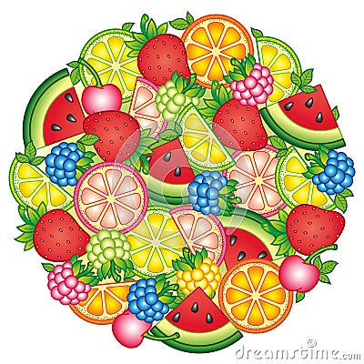 I love Summer. Design for summer clothes. Summer background with tropical fruits and berries. Watermelon, cherry, Vector Illustration