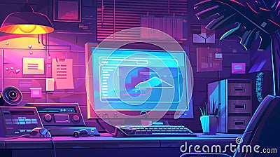 The design features retro software windows on a computer desktop, such as chat messenger, media player, internet Stock Photo