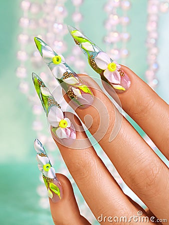 Design on female nails. Stock Photo