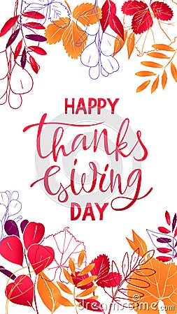 Design of flyer Happy Thanksgiving Lettering with leaves Stock Photo