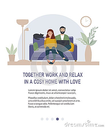 Design of a flyer with a married couple with a laptop sits at home on the sofa. Work at home, online education. Students or Vector Illustration