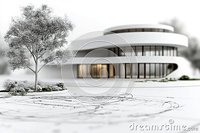 Design framework in focus - house model positioned over detailed blueprints, emphasizing architectural structure Stock Photo