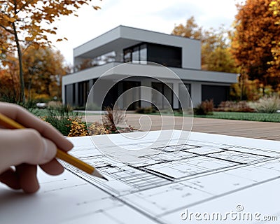 Design framework in focus - house model positioned over detailed blueprints, emphasizing architectural structure Stock Photo