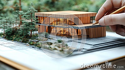 Design framework in focus - house model positioned over detailed blueprints, emphasizing architectural structure Stock Photo